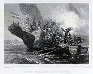 Robber Collection: Attack on a ship by pirates, 19th century (print)