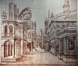 Antique Rome Collection: Baldassarre Peruzzi (1481 - 1536): Scenography project for a theatrical representation