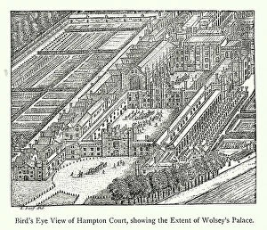 Aerial Views Poster Print Collection: Bird's Eye View of Hampton Court, showing the Extent of Wolsey's Palace (engraving)