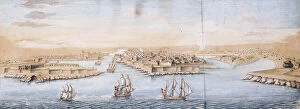 Malta Cushion Collection: A Birds Eye View of Valetta from the Sea, with Men-o-War entering the Harbour