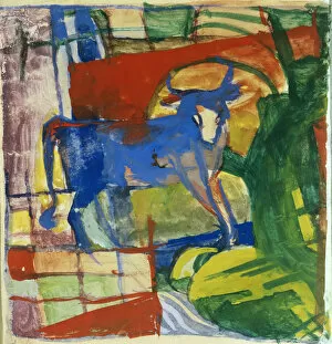 Franz Marc Pillow Collection: Blue Cow, 1914 (tempera on paper)