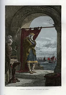 Longship Collection: Charlemagne watching the arrival of Norman boats on the French coast - engraving