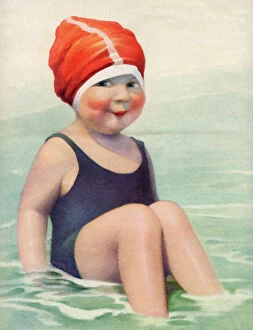 Vintage Metal Print Collection: Child Wearing a Swim Cap Sitting in the Surf, 1922 (screen print)