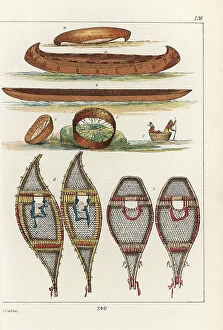 Barking and Dagenham Collection: Chippewa bark canoe a, Sioux dug-out canoe b, Mandan skin canoe c, Sioux snow shoes d