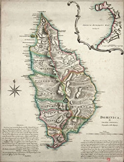 Thomas Hand Collection: Colour map of Dominica with detailed geographical observations, c.1760 (hand coloured engraving)