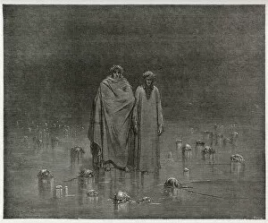 Virgilio Collection: Dante and Virgil in Inferno, crossing the cocytus, 1885 (engraving)