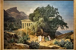 Ferdinand Georg Waldmuller Tote Bag Collection: A Doric Tmeple with Castelmola and Taormina in the background, 1849 (oil on canvas)