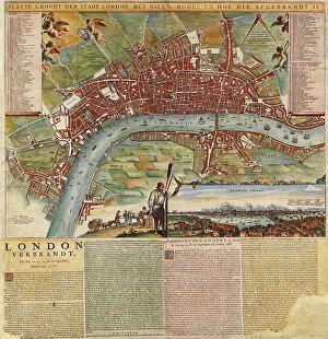 The Netherlands Collection: A Dutch map showing areas devastated by the Great Fire of London, 1666, 17th century (manuscript)
