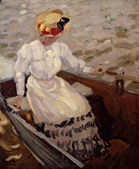 Field Sports Collection: An Elegant Lady in a Rowing Boat (oil on canvas)