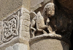 Bestiary Collection: Fantastic bestiary. View of a capiteau, west facade of the church of Saint Genes (12th century)