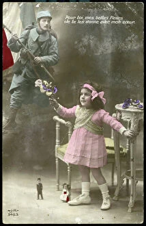 Pansy Collection: First World War: France, A little girl thinks of her father holding a French flag