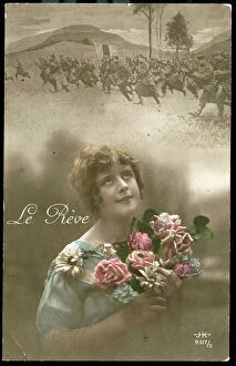 Dreamtime Collection: First World War: France, Postcard showing a young girl seeing in her dream soldiers running for