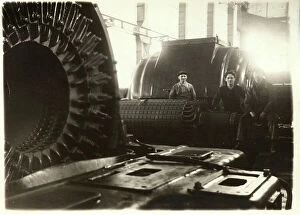 Isere Cushion Collection: France, Rhone-Alpes, Isere (38), Grenoble: Workshop, workers in the middle of generators, 1910