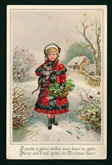 Robins Metal Print Collection: Girl and cat walking in the snow (chromolitho)