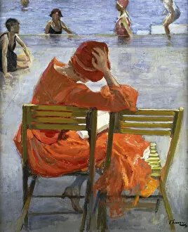 From The Back Collection: Girl in a Red Dress, Seated by a Swimming Pool, 1936 (oil on board)