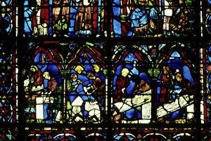 Stained glass windows Collection: Gothic architecture. Stained glass representing imagery and stone cutters