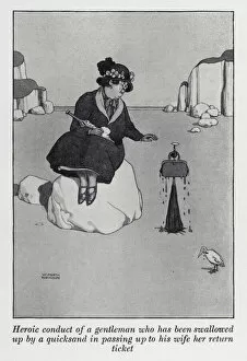 Heath Robinson Antique Framed Print Collection: Heroic conduct of a gentleman who has been swallowed up by a quicksand in passing up to his wife