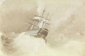 Fleet Collection: HMS Trafalgar losing her rudder-head in a north-easterly gale off Malta, 1852 (pen, ink, wash)