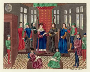 Froissart Collection: King Richard II resigns his crown and state (coloured engraving)