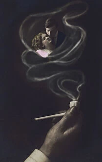 Surrealism artwork Photo Mug Collection: Lovers embracing in the smoke from a pipe (colour litho)