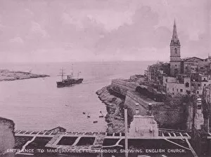 Malta Photo Mug Collection: Malta: Entrance to Marsamuscetto Harbour, showing English Church (b / w photo)