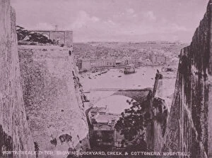 Malta Poster Print Collection: Malta: Porta Reale Ditch, showing Dockyard, Creek, and Cottonera Hospital (b / w photo)