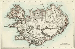 Iceland Framed Print Collection: Map of Iceland, 1870s. Colour lithograph reproducing an illustration of the 19th century