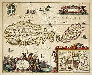 Malta Framed Print Collection: Map of Malta and Gozo, c.1650 (coloured engraving)