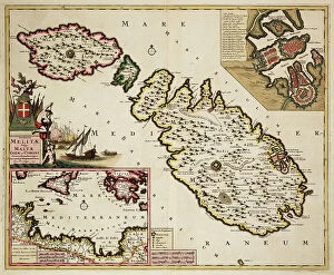 Malta Canvas Print Collection: Map of Malta, Gozo and Comino, 1707 (coloured engraving)