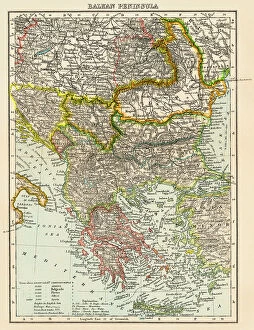 Hungary Poster Print Collection: Map of the peninsula of the Balkans, (Bosnia, Serbia, Moldova, Hungary, Montenegro, Bulgaria)