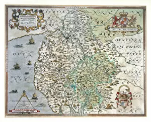 Christopher Saxton Postcard Collection: A Map of Westmorland and Cumberland, 1576 (hand-coloured engraving)