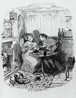 Charles Dickens Pillow Collection: Mr Bumble and Mrs Corney taking tea, from The Adventures of Oliver Twist