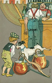 Postcard Canvas Print Collection: Naughty boy and his dog urinating into milk pails (colour litho)