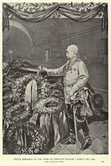 Mausoleums Collection: Otto von Bismarck at the tomb of Emperor William I (litho)