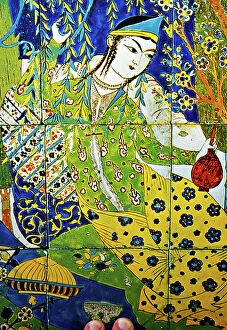 Ancient Persian empire mosaics Metal Print Collection: A Persian tile mosaic depicting a woman in a garden