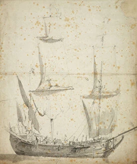 Greenwich Collection: Portrait of a small Dutch merchant ship, c.1665 (graphite, grey wash)