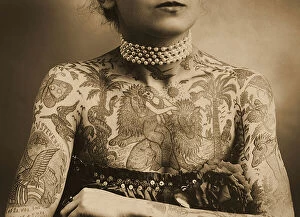 Bird Snake Collection: Portrait of a tattooed woman, c. 1905 (Sepia Photo)