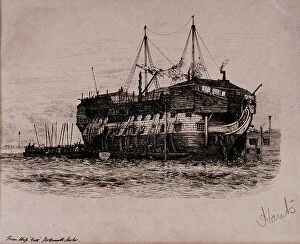 Detention Facility Collection: Prison Ship York in Portsmouth Harbour, 1807 (etching)