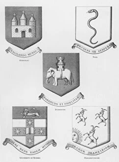 Merionethshire Photographic Print Collection: Public arms: Kirkcaldy; Ns; Dumbarton; University of Sydney; Merionethshire (engraving)