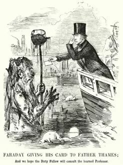 Satirical artwork Collection: Punch cartoon: Faraday Giving His Card to Father Thames (engraving)