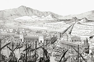 Greece Metal Print Collection: Reconstruction of the long walls connecting Athens to its port at Piraeus in ancient Greece