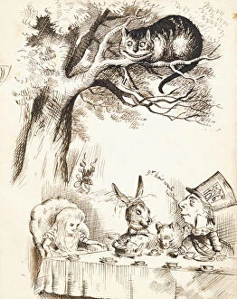Hare Glass Frame Collection: Scene from The Mad Hatters Tea Party, c. 1865 (pen and brown ink)