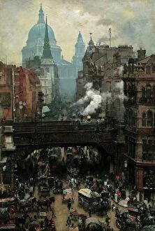 Oil paintings Pillow Collection: St. Paul's and Ludgate Hill, c. 1887 (oil on canvas)