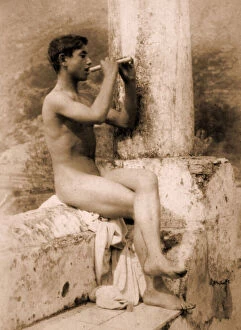 Nude Metal Print Collection: Study of a boy playing a flute, c. 1900 (sepia photo)