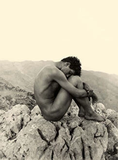 Landscape paintings Canvas Print Collection: Study of a male nude on a rock, Taormina, Sicily, c. 1900 (sepia photo)