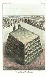 Mexique Collection: Teocalli temple pyramid of the Aztecs, Mexico city. Handcoloured copperplate engraving by Verico