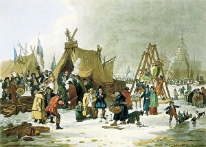 Funfair Collection: The Thames frozen during the winter of 1813-1814, before the demolition of the old London Bridge