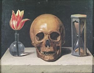 Still life paintings Framed Print Collection: Vanitas Still Life with a Tulip, Skull and Hour-Glass (oil on panel)
