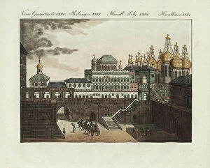Russian tsars' palaces Pillow Collection: View of the Kremlin, the ancient palace of the tsars in Moscow, Russia, with the palace of terems