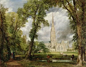 Walkway Collection: View of Salisbury Cathedral from the Bishops Grounds, (oil on canvas) c. 1822